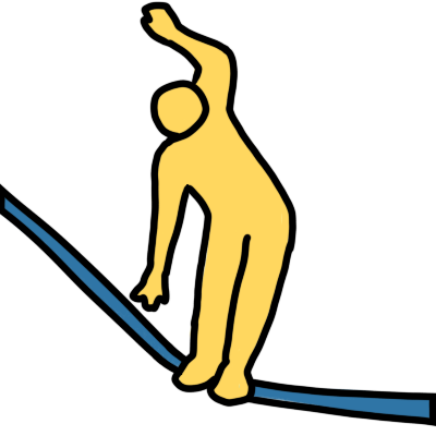  A yellow figure balncing on a blue line, drwn taut beneath them. they have one arm by theeir side and one arm raised over their head, which is tilting to the left with their torso. 